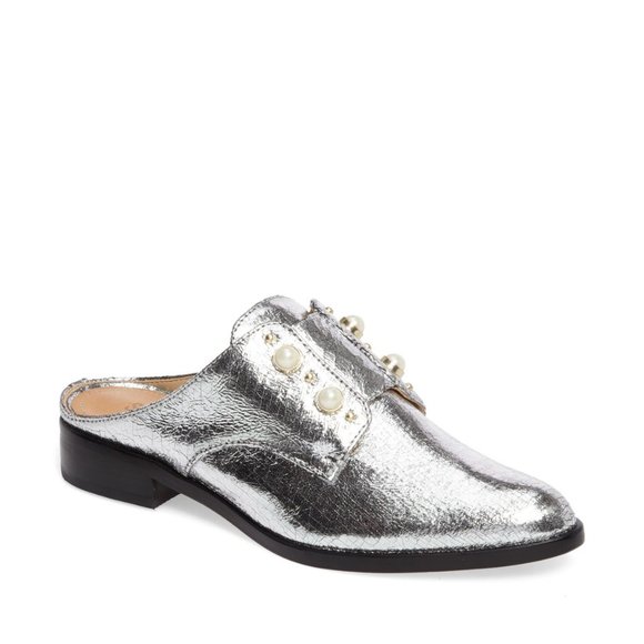 Schutz NEW Pearl Stud ALL- Leather Mules Clogs Slip-On Shoes SILVER Women's🎉HP - Picture 2 of 14